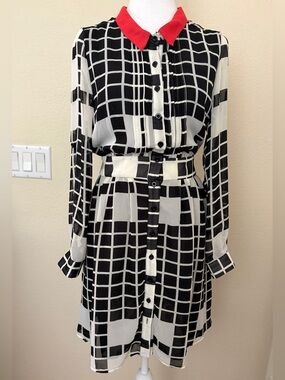 Camilla Tree Semi Sheer Hi Lo Dress Black & White  Dress with Red Collar